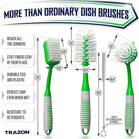 Dish Brush Set of 4 with Bottle Water Brush, Dish Scrub Brush, Scrubber Brush and Straw Brush - Kitchen Scrub Brushes Ergonomic Non Slip Long Handle for Cleaning Cleaner Wash Dish Sink Dishes Cup Pot in Saudi Arabia