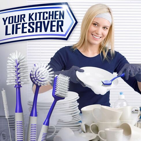 Dish Brush Set of 4 with Bottle Water Brush, Dish Scrub Brush, Scrubber Brush and Straw Brush - Kitchen Scrub Brushes Ergonomic Non Slip Long Handle for Cleaning Cleaner Wash Dish Sink Dishes Cup Pot in Saudi Arabia