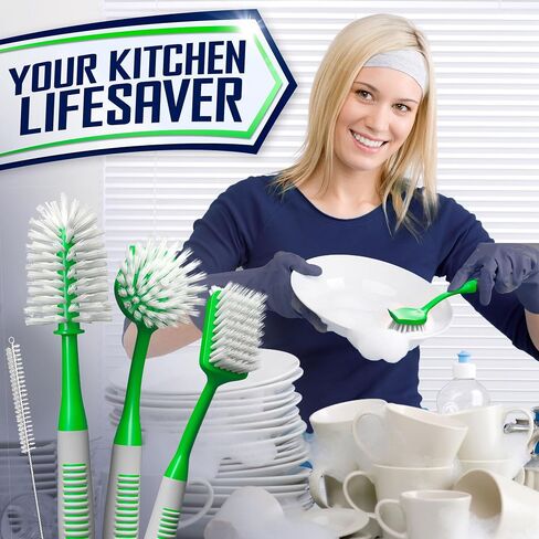 Dish Brush Set of 4 with Bottle Water Brush, Dish Scrub Brush, Scrubber Brush and Straw Brush - Kitchen Scrub Brushes Ergonomic Non Slip Long Handle for Cleaning Cleaner Wash Dish Sink Dishes Cup Pot in Saudi Arabia