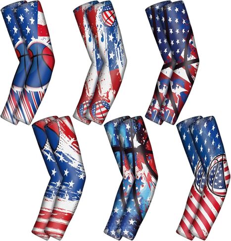 6 أزواج من أكمام الذراع المضغوطة الرياضية للشباب العلم الأمريكي لكرة السلة والكوع والذراع كم تبريد الرابع من يوليو للحماية من الشمس وأكمام مضادة للانزلاق للمراهقين in Kuwait