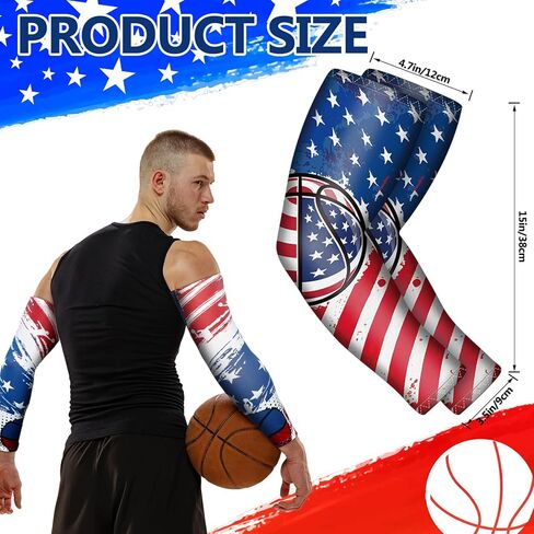 6 أزواج من أكمام الذراع المضغوطة الرياضية للشباب العلم الأمريكي لكرة السلة والكوع والذراع كم تبريد الرابع من يوليو للحماية من الشمس وأكمام مضادة للانزلاق للمراهقين in Kuwait