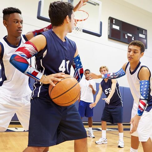 6 أزواج من أكمام الذراع المضغوطة الرياضية للشباب العلم الأمريكي لكرة السلة والكوع والذراع كم تبريد الرابع من يوليو للحماية من الشمس وأكمام مضادة للانزلاق للمراهقين in Kuwait