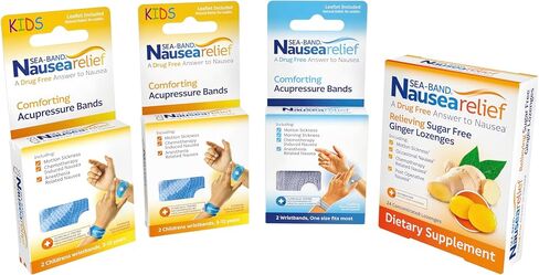 Sea-Band Motion Sickness & Nausea Relief Family Kit (1pk Adult & 2pk of Child Wristbands Travel Sickness, colors may vary, & 1pk Anti-Nausea Ginger Lozenges for Motion Sickness) in Saudi Arabia
