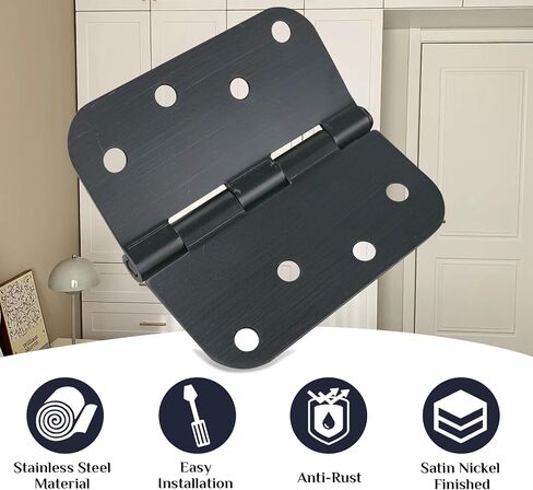 6 Pack Brushed Nickel Door Hinges 3.5 X 3.5 Inch Rounded, Interior Door Hinges with 5/8" Radius Corners 6 Holes, Heavy-Duty Silver Hinges for Room Door Window Cabinet Hardware in Saudi Arabia