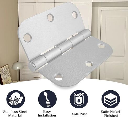 6 Pack Brushed Nickel Door Hinges 3.5 X 3.5 Inch Rounded, Interior Door Hinges with 5/8" Radius Corners 6 Holes, Heavy-Duty Silver Hinges for Room Door Window Cabinet Hardware in Saudi Arabia