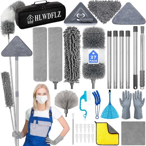 Microfiber Duster Kit 27pcs with 30 to 100 Inches Extension Pole and Wall Cleaner Mop, Washable and Bendable Feather Duster for Cleaning Ceiling Fans, High Ceilings, Cobwebs, Blinds, Grey in Saudi Arabia