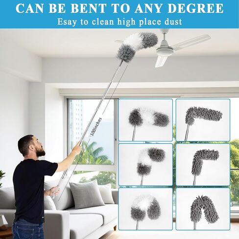 Microfiber Duster Kit 27pcs with 30 to 100 Inches Extension Pole and Wall Cleaner Mop, Washable and Bendable Feather Duster for Cleaning Ceiling Fans, High Ceilings, Cobwebs, Blinds, Grey in Saudi Arabia