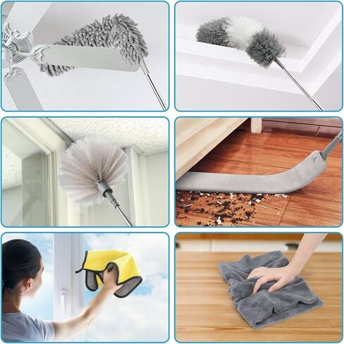 Microfiber Duster Kit 27pcs with 30 to 100 Inches Extension Pole and Wall Cleaner Mop, Washable and Bendable Feather Duster for Cleaning Ceiling Fans, High Ceilings, Cobwebs, Blinds, Grey in Saudi Arabia