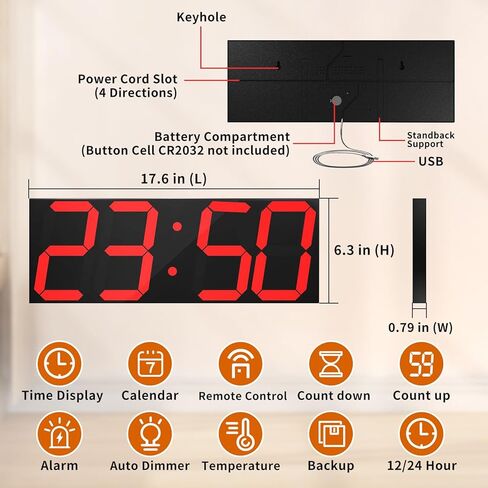 ساعة حائط رقمية LED كبيرة الحجم مع 6 أرقام وجهاز تحكم عن بعد العد لأعلى/العد التنازلي ساعة توقيت تلقائي باهتة تقويم كبير ومقياس حرارة in Kuwait