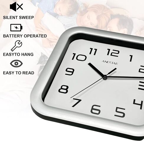 ANDSTAR Square Clock Round Modern Retro Silent Non Ticking Battery Operated Accurate Arabic Numerals Design Decorative for Home,Living Room,Bedroom,Office,Canteen,School(Black) in Saudi Arabia