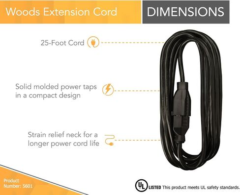 Woods Light Duty Extension Cord, 25Ft, 16 Gauge, 3 Conductor, Office Cord, SJTW, Black, 5601 in Saudi Arabia