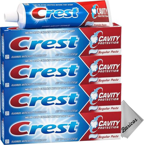 4-Pack Crest Fluoride Cavity Protection Toothpaste 8.2 Ounce Regular Paste, Bulk Toothpaste, Prevents Cavities Before They Start. Plus 1 Basicos Microfiber Cloth in Saudi Arabia