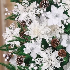 Hommtina 56 Pcs Christmas Decorations, 4 Styles Poinsettias Artificial Christmas Flowers Glitter Berries Stems Ornaments Tree with Pine Cones & Stems for Xmas Wedding DIY Wreath Floral Party (Blue)