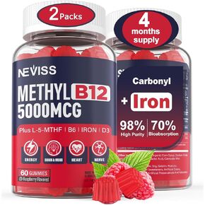 Iron Gummies 18mg+Vitamin B12 5000 mcg for Adults Kids - 4 Months Supply - 98% Purity Carbonyl Iron Supplement for Women Men, w/Folate,D3,B6 for Iron Deficiency&Anemia, Red Blood Cell Formation,Energy