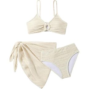 SHENHE Girl's 3 Piece Swimsuits O Ring Textured Bathing Suit with Sarong Cover Up Skirt
