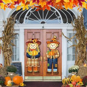 2 Thanksgiving Scarecrow Hanging Sign Girl Boy Wooden Fall Welcome Sign Thanksgiving Scarecrow Hanging Decoration for Home Front Door Porch Wall Harvest, 27.5 x 10 in (Scarecrow Pumpkin)