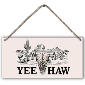 Retro Western Yeehaw Leopard Bull Skull Cactus Desert Landscape Printed Wood Plaque Sign Wall Hanging,Rustic Hanging Wall Signs for Western Home College Dorm Decor 12 x 6 Inches