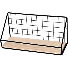 TANG SONG 9.5'' Metal Wall Mounted Shelf Storage Basket with Wood Base No Drill Wall-Mount Shelf for Home Cameras, Household Clutter Storage,Handmade Model Display (Black)