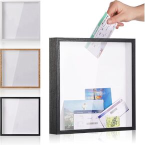 Travel Adventure Challenge Archive Shadow Box Picture Frame With Slot,8&12In Travel Ticket Card Memory Box For Keepsake Box, Top Loading Shadow Box Display Case Travel decor Gift (Black,12x12)