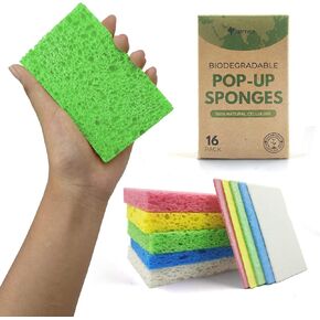 Biodegradable Cellulose Compressed Sponges - Pack of 16 Kitchen Sponges for Cleaning - Heavy Duty and Natural Multipurpose Household Cleaning Sponges Good for Kitchen, Bathroom, and Surfaces