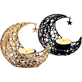 Candle Holder, 2 Pcs Moon Shaped Tea Light Candle Holders with Stars, Romantic Metal Black and Gold Candlestick Holders for Table Decoration Wedding Birthday Party