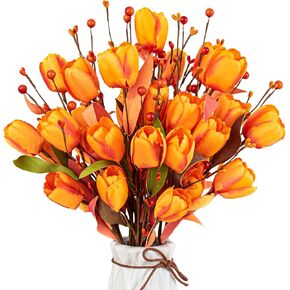 6 قطع من زهور الخريف الاصطناعية من Yawwind مقاس 43.18 سم زهور التوليب الاصطناعية ترتيبات زهور الخريف مع زهرة الحرير البرتقالية التوتية لمزهرية المنزل في الداخل ديكور قطع مركزية للطاولة in Kuwait