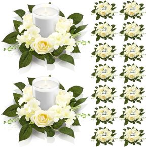 Jutom 16 Pcs Wedding White Rose Candle Rings 3.94'' Inner Diameter Artificial Floral Wreaths with Green Leaves Floral Rings for Centerpieces for Pillar Candleholders Wedding Centerpiece Table Decor