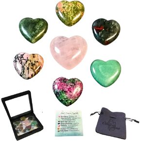 Heart Chakra Crystal Hearts, Set of 7 Heart Chakra Aligned Healing Crystals, High Energy Pocket Palm Stones with Premium Drawstring Storage/Travel Bag & Info Card, Reiki Enhanced