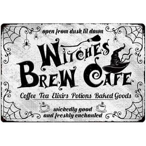 Witches Brew Cafe Vintage Metal Signs Halloween Decorations, Coffee Tea Elixirs Potions Baked Goods Halloween Home Kitchen Cafe Bar Wall Decor, 8" X 12" Hanging Plaque
