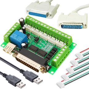 5 Axis CNC Stepper Motor Interface Board Breakout Board Mach3 Interface Board Optical Coupler Board with XH2.54 4P Cable Double USB Cable DB25 Male to Female Cable