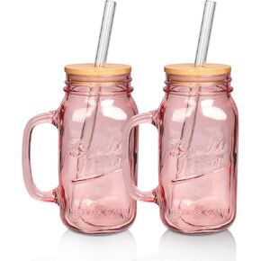 ANOTION Mason Jar with Lid and Straw, 24 oz Regular Mouth Mason Jars with Handle Drinking Glasses Tumbler Reusable Cups Smoothie Water Bottles for Iced Coffee (Classic 2 cups Style)