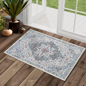 IMINROME Small Area Rug 2' x 3' Washable Indoor Door Mat Vintage Floral Print Kitchen Mat Distressed Multi Rug Non Slip Non Shed Throw Carpet Mat for Entryway Laundry Bathroom Bedroom,Beige
