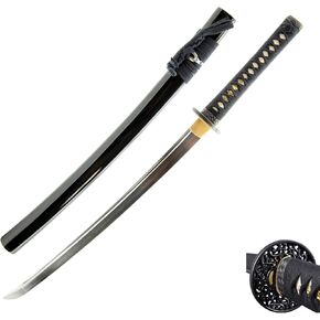 HMS Japanese Samurai Wakizashi Sword, Braided, 1045 Carbon Steel, Hand Forged Heat Tempered, Full Tang, Sharp, Battle Ready