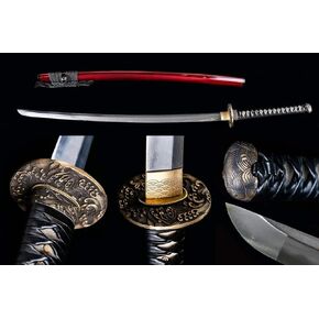 Handforged Samurai Katana, Damascus steel/1095 High Carbon Steel, Full Tang, Antique Copper Tsuba, Solid Wood Saya