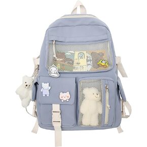 Cute Backpack Kawaii Backpack with Cute Pin Accessories and Plush Pendant Aesthetic Backpack School Backpack for Girls (Black)