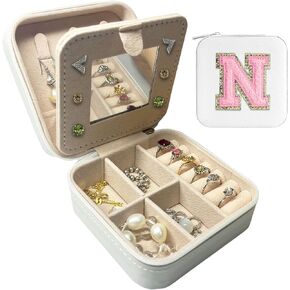 Travel Jewelry Case, Jewelry Organizer Box, Small Travel Jewelry Holder Personalized Birthday Gift Women Girls Teens White Earring Necklace Organizer Case with Mirror Initial N