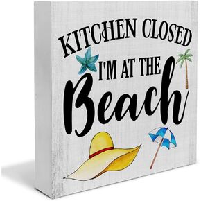 Country Beach Wood Box Sign Decor Desk Sign Kitchen Closed I'm at the Beach Wooden Box Block Sign Beach House Signs Rustic Home Shelf Wall Decoration