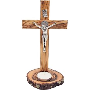 Olive Wood Standing St. Benedict Crucifix Cross & Blessing Medal (8 Inch), Wood Table Alter Cross with ‘Candle Holder Base’