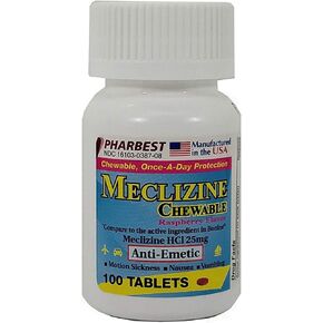 Meclizine 25 mg Generic For Bonine Chewable Tablets for Prevention of Motion Sickness and Anti-Nausea 100 Tablets per Bottle Pack of 2 Total 200 Tablets