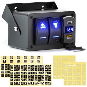 2 عصابة الروك التبديل الألومنيوم مربع ث / PD نوع C & QC 3.0 USB شاحن الفولتميتر للماء SPST تشغيل / إيقاف تبديل لوحة التبديل 180+ ملصقات DIY للسيارة البحرية قارب RV ATV UTV RZR قبالة الطريق (صغير)
