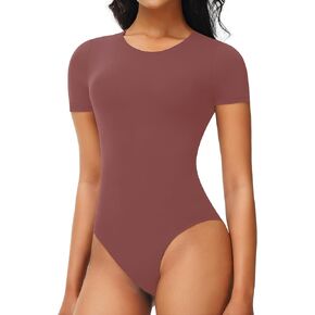Women's Double Lined Long Sleeve Bodysuits Crew Neck Body Suit Slimming Basic Seamless Bodysuit Tops