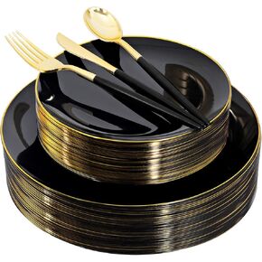 150pcs Black Plastic Plates, Black and Gold Plastic Plates,Gold Plastic Silverware,Black and Gold Dinnerware Set,Premiun Plastic Taleware,Perfect for Birthday,Party,Wedding,Anniversary