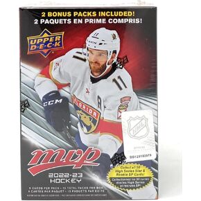 NHL Upper Deck 2022-23 MVP Hockey Trading Card BLASTER Box [15 حزمة، متوازيات نصية ذهبية حصرية للقاذف]