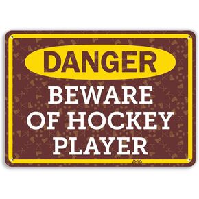 PetKa Signs and Graphics PKHO-0170-NA_14x10"Danger Beware of Hockey Player" Aluminum Sign, 14" x 10", Gold and White on Maroon