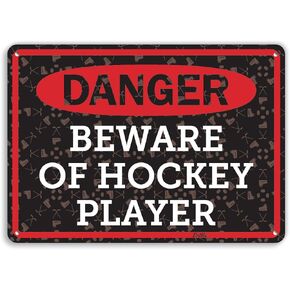 PetKa Signs and Graphics PKHO-0180-NA_14x10 "Danger Beware of Hockey Player" Aluminum Sign, 14" x 10", Red and White on Black