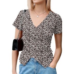 Micoson Women's Cross Wrap Tops Summer Deep V Neck T Shirts Casual Sexy Knit Short Sleeve Blouses Slim Fit Ruched Shirts