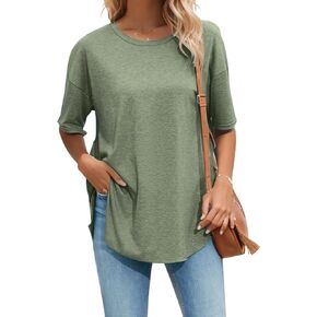 Halife Women's Oversized T Shirts Summer Crew Neck Short Sleeve T-Shirt Split Curved Hem Basic Casual Loose Tunic Tops Tshirt