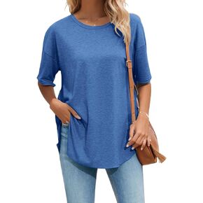 Halife Women's Oversized T Shirts Summer Crew Neck Short Sleeve T-Shirt Split Curved Hem Basic Casual Loose Tunic Tops Tshirt