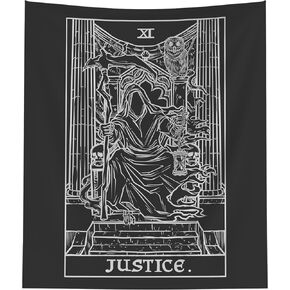 The Ghoulish Garb Justice Tarot Card Tapestry (Black & White) - Grim Reaper - Gothic Halloween Home Decor Wall Hanging (60" x 50")