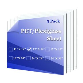 Plexiglass Sheets 12"x12"x0.04" (5Pack)-PET Panels for DIY Crafts, Frames, Signs, Windows, Table Tops, Painting. Durable, Clear Acrylic Plexiglass Sheet, Ideal for Door Scratch Protectors